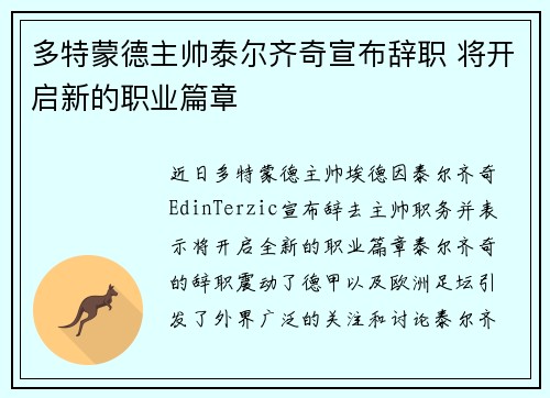 多特蒙德主帅泰尔齐奇宣布辞职 将开启新的职业篇章