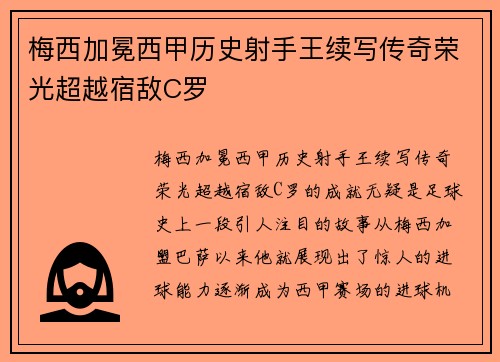 梅西加冕西甲历史射手王续写传奇荣光超越宿敌C罗